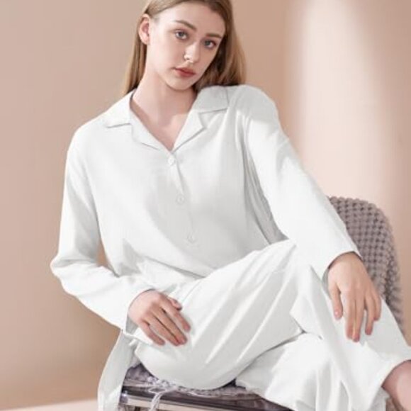 Elegant Collar Button-Up Pajama Set Long Sleeve Cardigan Elastic Waist Pants - Picture 5 of 6